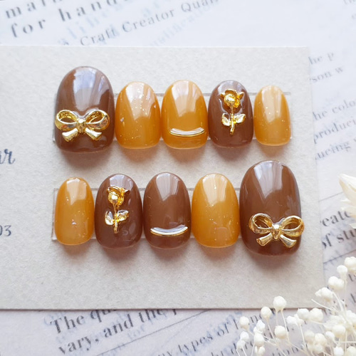 サイズオーダー】リボンとチューリップの上品オレンジ×ブラウンネイル