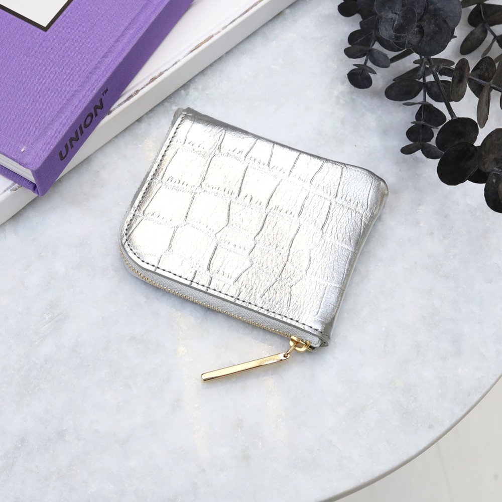 【型ミラーシルバー】クロコダイル型押しレザー/高級感のある薄くて軽いコンパクトミニL字財布/コンパクト財布
