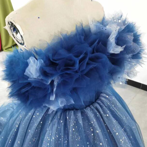 豪華！ブルー カラードレス ベアトップ Aライン 取り外し袖 取り外し  