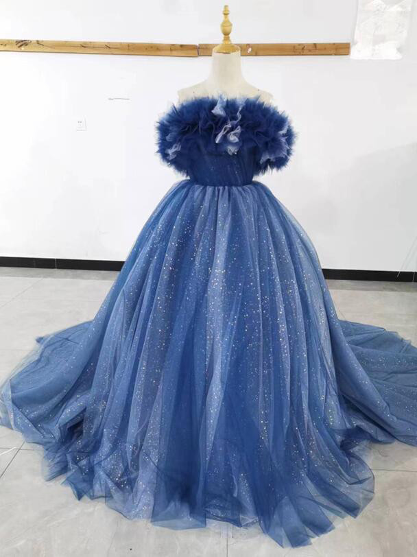 豪華！ブルー カラードレス ベアトップ Aライン 取り外し袖 取り外しオフショルダー 花嫁/拳式 27,287円