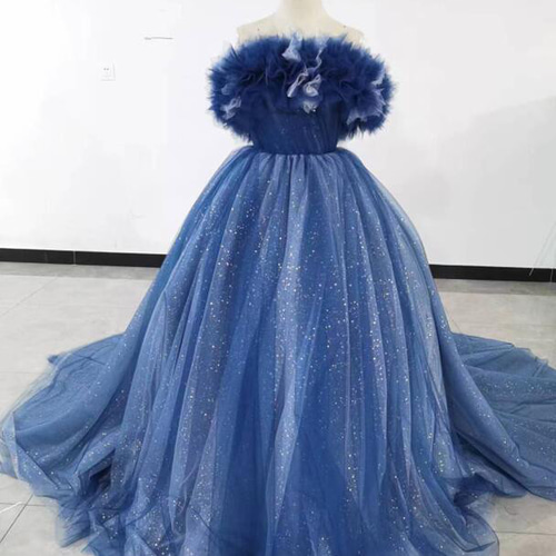 豪華！ブルー カラードレス ベアトップ Aライン 取り外し袖 取り外し  