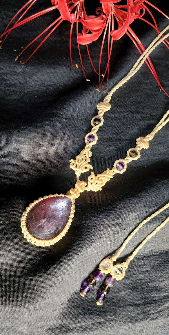 【淡紫】レピドライト　シンプルで飾り編み紐　ネックレス　n126 3枚目の画像