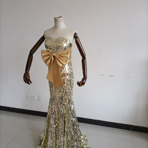 高品質！イブニングドレス ゴールド ベアトップ マーメイドライン  