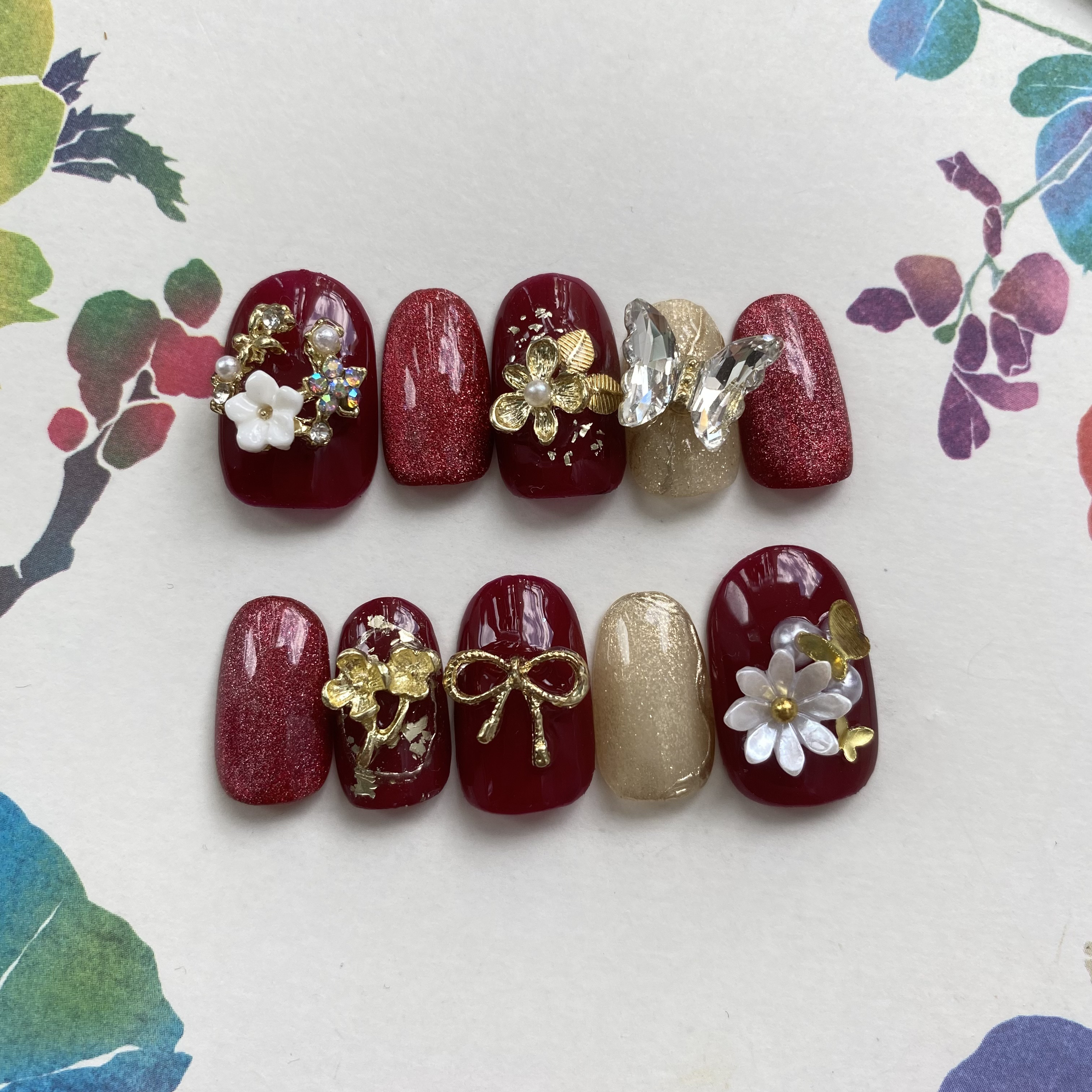 成人式ネイル ボルドー 振袖 / 和装ネイル お花 赤 マグネット 蝶々  