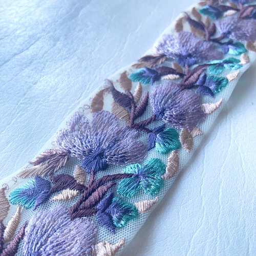 ハンドメイドシュシュM-3845♡ブルージョーゼット♡インド刺繍リボン付♡ ハンドメイドシュシュM-3845♡ブルージョーゼット♡インド刺繍