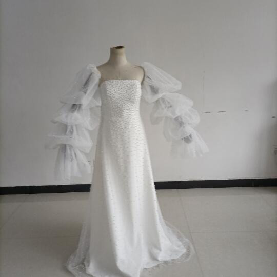 パーティードレス ビーズ パフスリーブ 花嫁 長袖 ベアトップ スレンダーライン 細見えシルエット 披露宴/結婚式