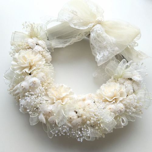 wreath bouquet 04ハンドメイド フラワーリースホワイト ベージュ ホワイト×ベージュのハーフリース - ナチュラルアンティークな