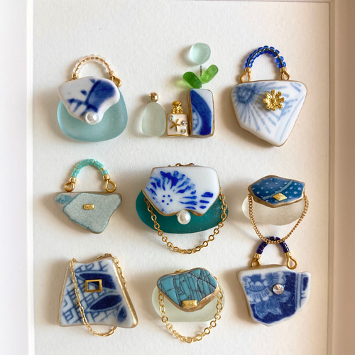 シーグラスアート　葵〜美しく〜 市松模様のシー陶器のバッグ・シーグラスアート｜CS60佐倉