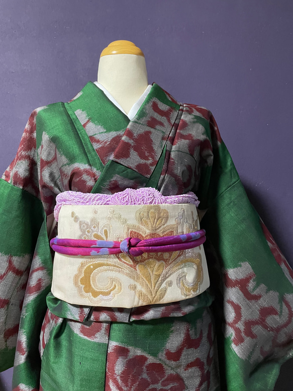 着物リメイク帯締め　絹銘仙/ピンク系160センチ［OB010］ 1枚目の画像