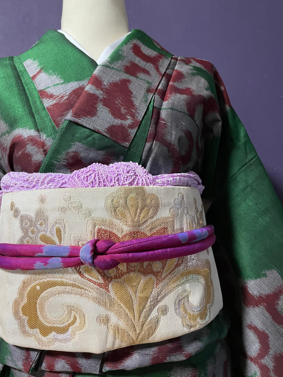 着物リメイク帯締め　絹銘仙/ピンク系160センチ［OB010］ 2枚目の画像