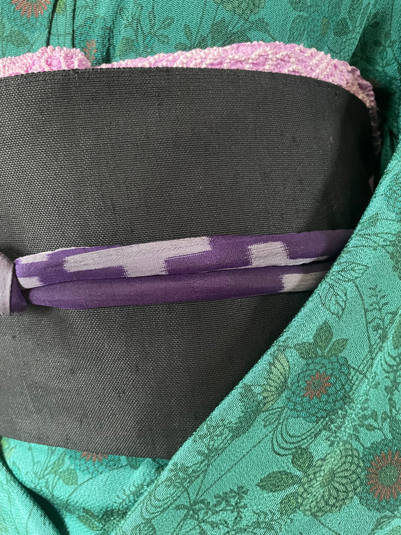着物リメイク帯締め　絹銘仙/紫系160センチ［OB007］ 3枚目の画像