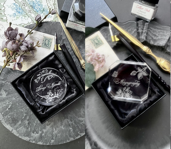 【名入れ】クリスタルペーパーウェイト　ボタニカルアート　カリグラフィー 7枚目の画像