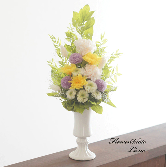 仏花】高さ40㎝ カーネーションと菊の仏花（黄×紫） 全てプリザーブド 
