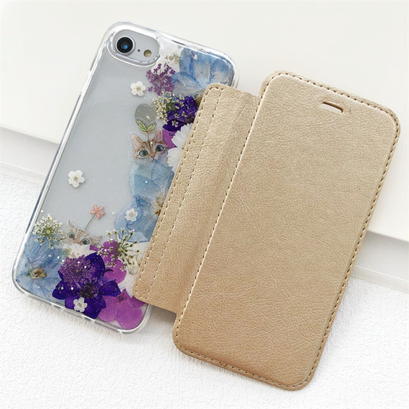 猫好きさん！可愛くてお洒落な押し花ケース！  iPhoneケース 手帳型スマホケース 4枚目の画像