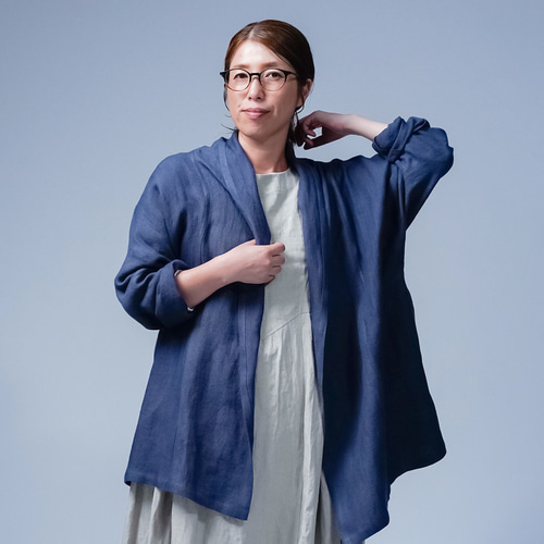 リネン ロング ニットカーディガン ショールカラー ブルー コットン シンプル wafu】はじめようリネンのある暮らし 秋冬リネンショールカラー