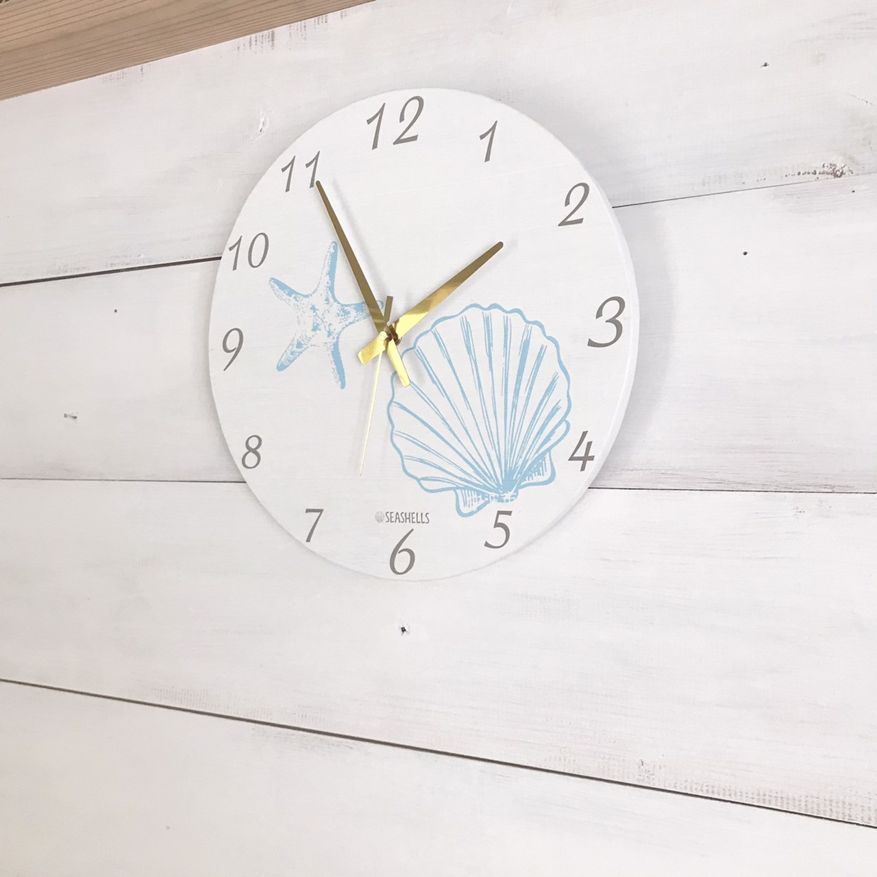 ハワイアンフォト時計 スターフィッシュの壁掛け時計 貝殻とヒトデのプリント ラウンドクロック 丸型 見やすい時計