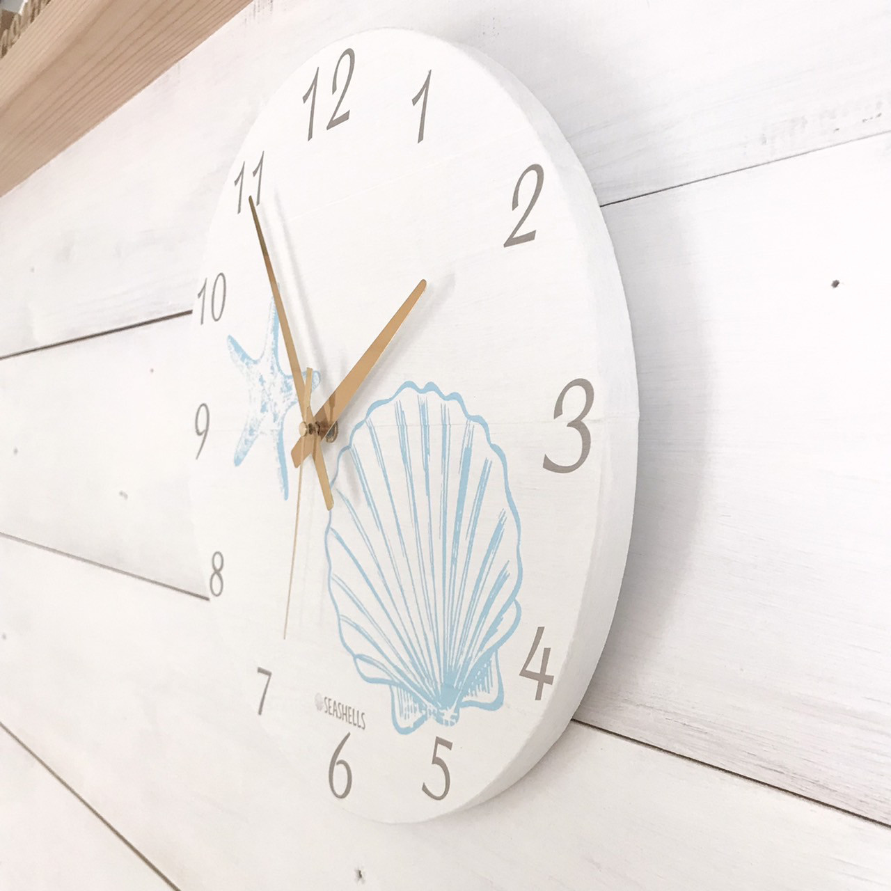 ハワイアンフォト時計 スターフィッシュの壁掛け時計 貝殻とヒトデのプリント ラウンドクロック 丸型 見やすい時計