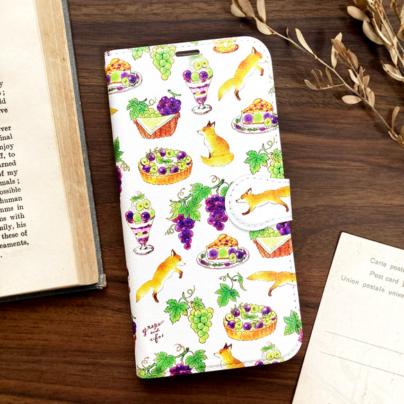 Grape&Fox手帳型スマホケース（iPhone/Android全機種対応）ぶどう＆きつね 1枚目の画像