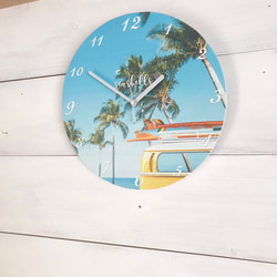 ハワイアンフォト時計 スターフィッシュの壁掛け時計 貝殻とヒトデのプリント ラウンドクロック 丸型 見やすい時計 2枚目の画像