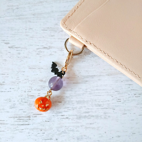 オバケかぼちゃと天然石のラッキーチャーム/ハロウィン/アメジスト/お