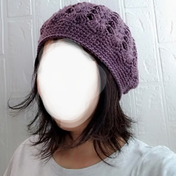 模様編みが可愛いベレー帽♪紫　パープル 9枚目の画像