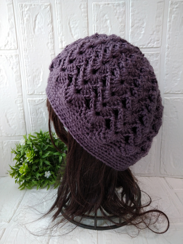 模様編みが可愛いベレー帽♪紫　パープル 5枚目の画像