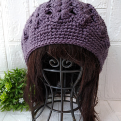 模様編みが可愛いベレー帽♪紫　パープル 6枚目の画像