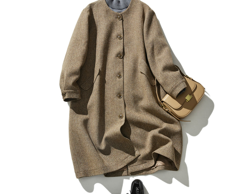 ウール混紡 ノーカラー ロングコート グレー系 MONCADA]カシミヤ & ウール ノーカラー コート (CA3063)