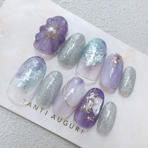 紫色 ネイルチップ 成人式 振袖 パープルカラー 花 前撮り 立体的 3D