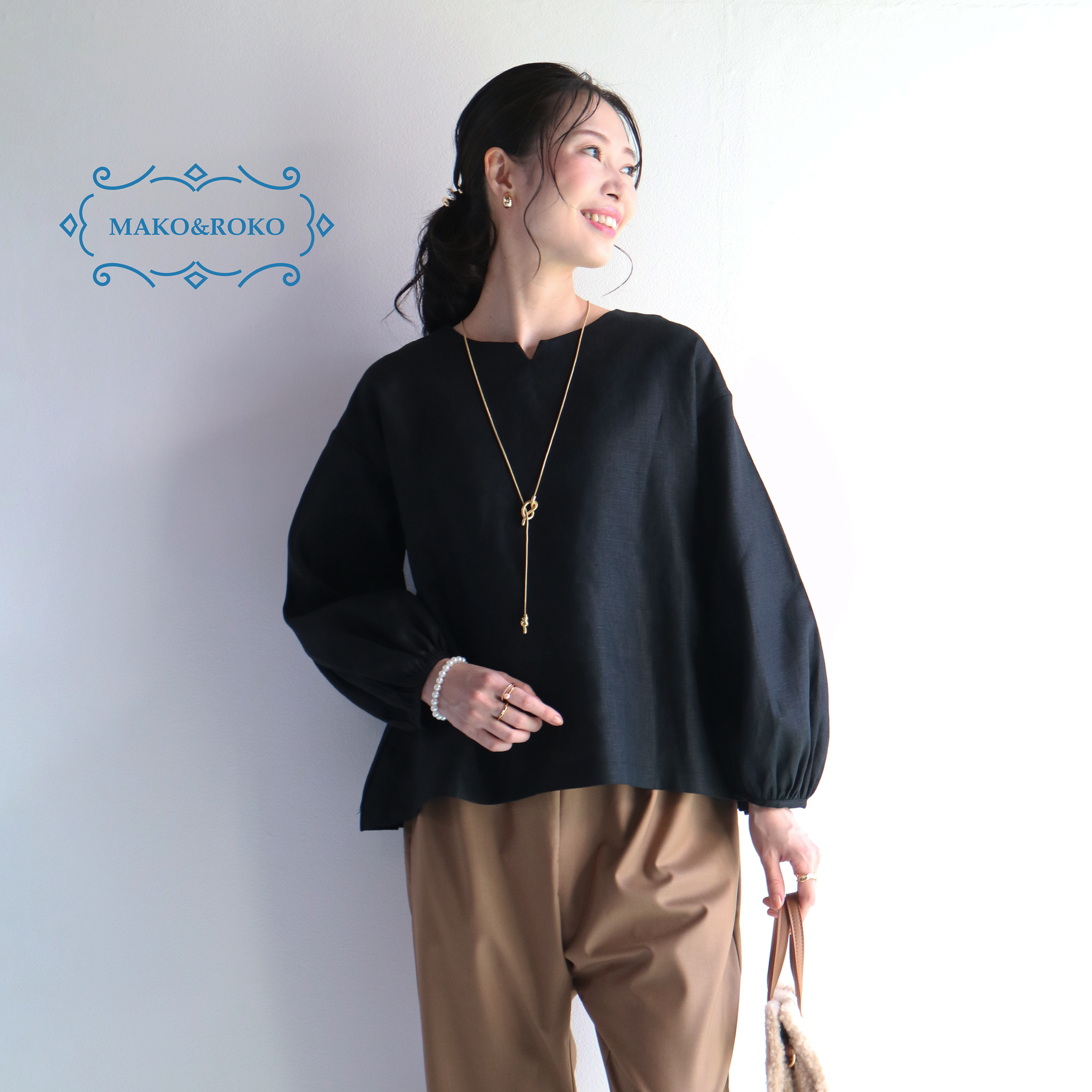 【ブラック】ツヤ感リネン100%パフスリーブプルオーバー♥