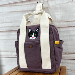 [免運費] 黑白貓刺繡拉鍊式帆布迷你背包，多口袋 第3張的照片