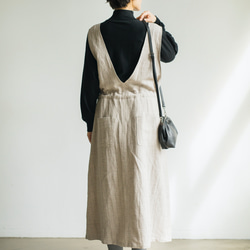 シルエットで魅せる、上質感のあるストライプジャンパースカート　コットンリネン 　230930-1 5枚目の画像