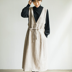 シルエットで魅せる、上質感のあるストライプジャンパースカート　コットンリネン 　230930-1 2枚目の画像