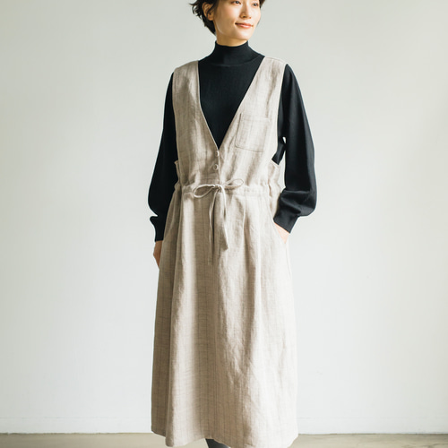 【美品】ジェーンスミス ジャンパースカート リネン ストライプ スリット シルエットで魅せる、上質感のあるストライプジャンパースカート