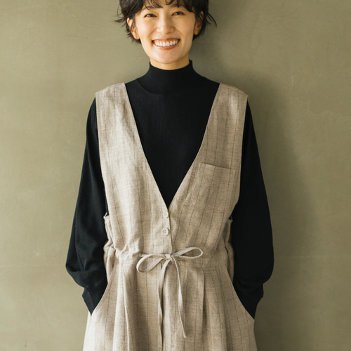 【美品】ジェーンスミス ジャンパースカート リネン ストライプ スリット シルエットで魅せる、上質感のあるストライプジャンパースカート