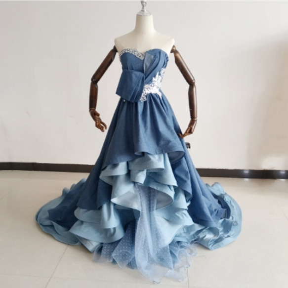 豪華！ デニムドレス ベアトップ 繊細レース ラッフルフリル キラキラ  