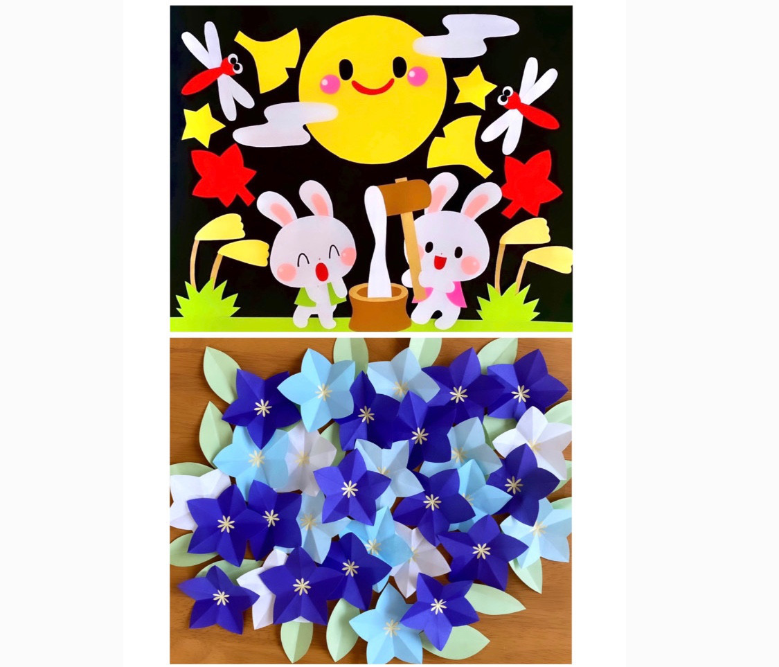 展示用/満月の夜のシマエナガ　うさぎ　桔梗　ススキ　蓄光　オルゴナイトネックレス