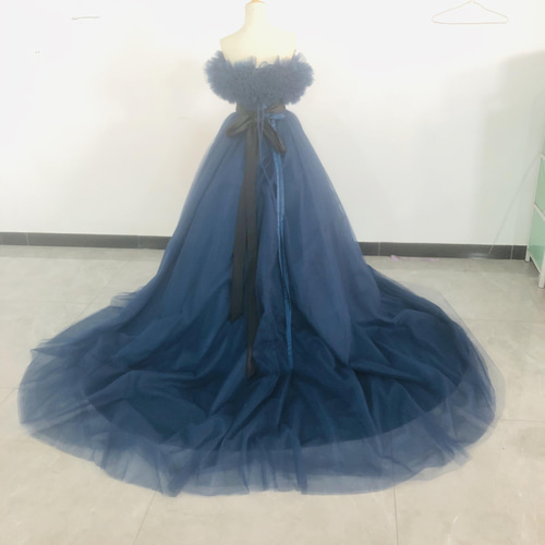 高品質！青 ネイビーブルー カラードレス 取り外しオフショルダー  