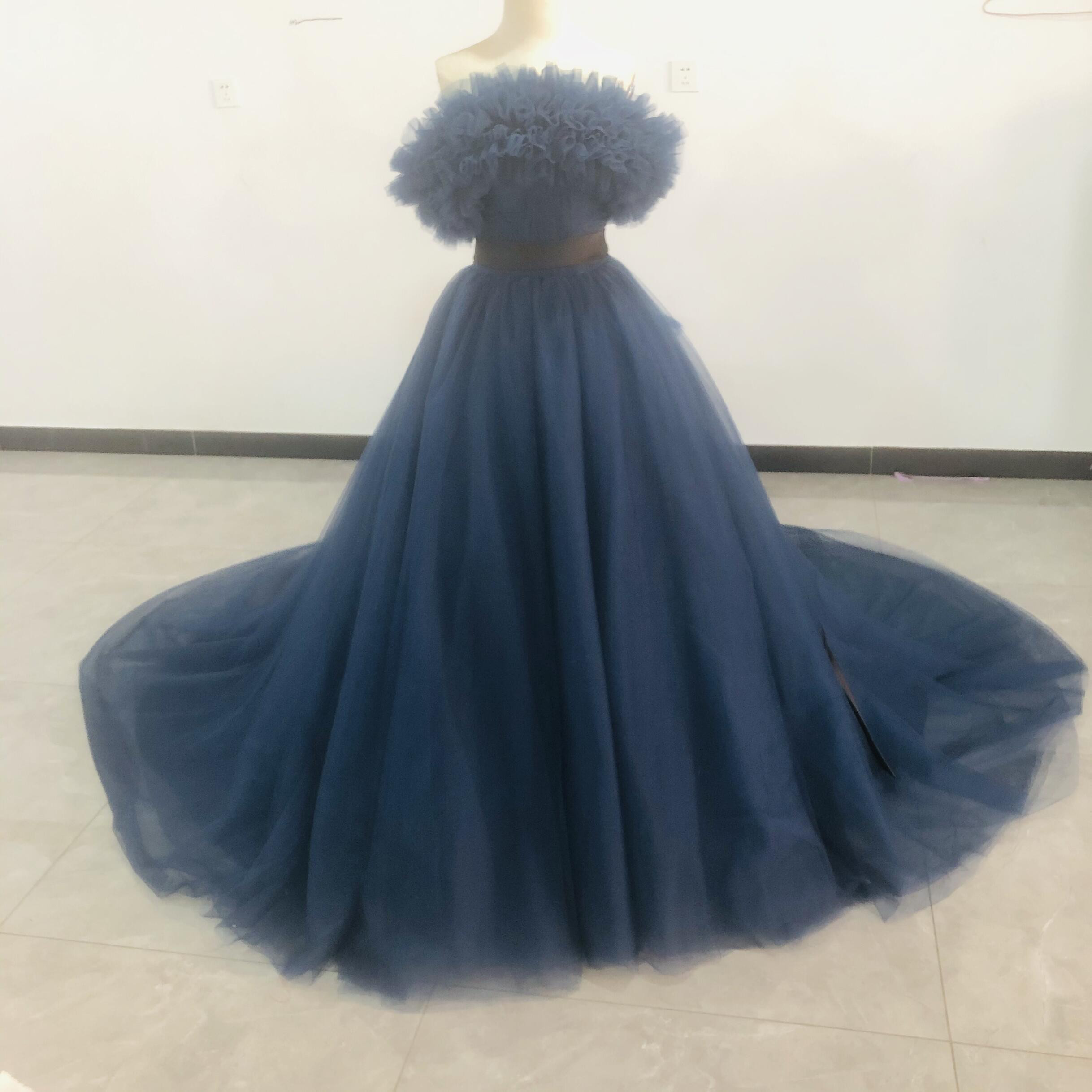 高品質！青　ネイビーブルー カラードレス 取り外しオフショルダー サッシュベル 挙式 謝恩会 二次会 編み上げ