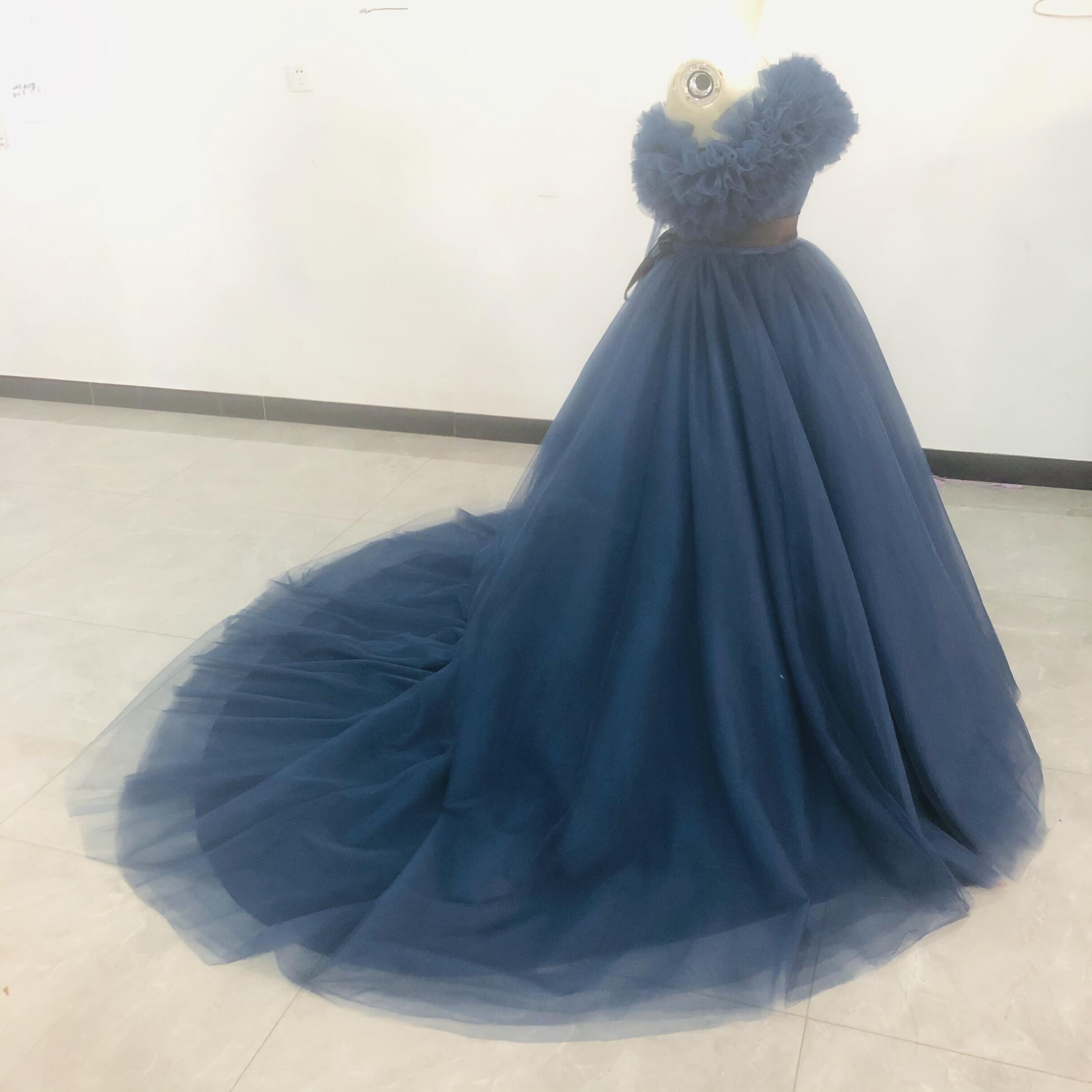 高品質！青　ネイビーブルー カラードレス 取り外しオフショルダー サッシュベル 挙式 謝恩会 二次会 編み上げ