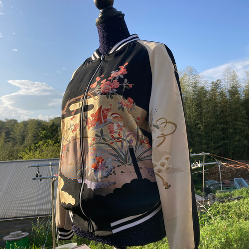 着物リメイクスカジャン リバーシブル 留袖リメイク 和服 金箔 着物リメイクスカジャン リバーシブル 留袖リメイク 和服 金箔