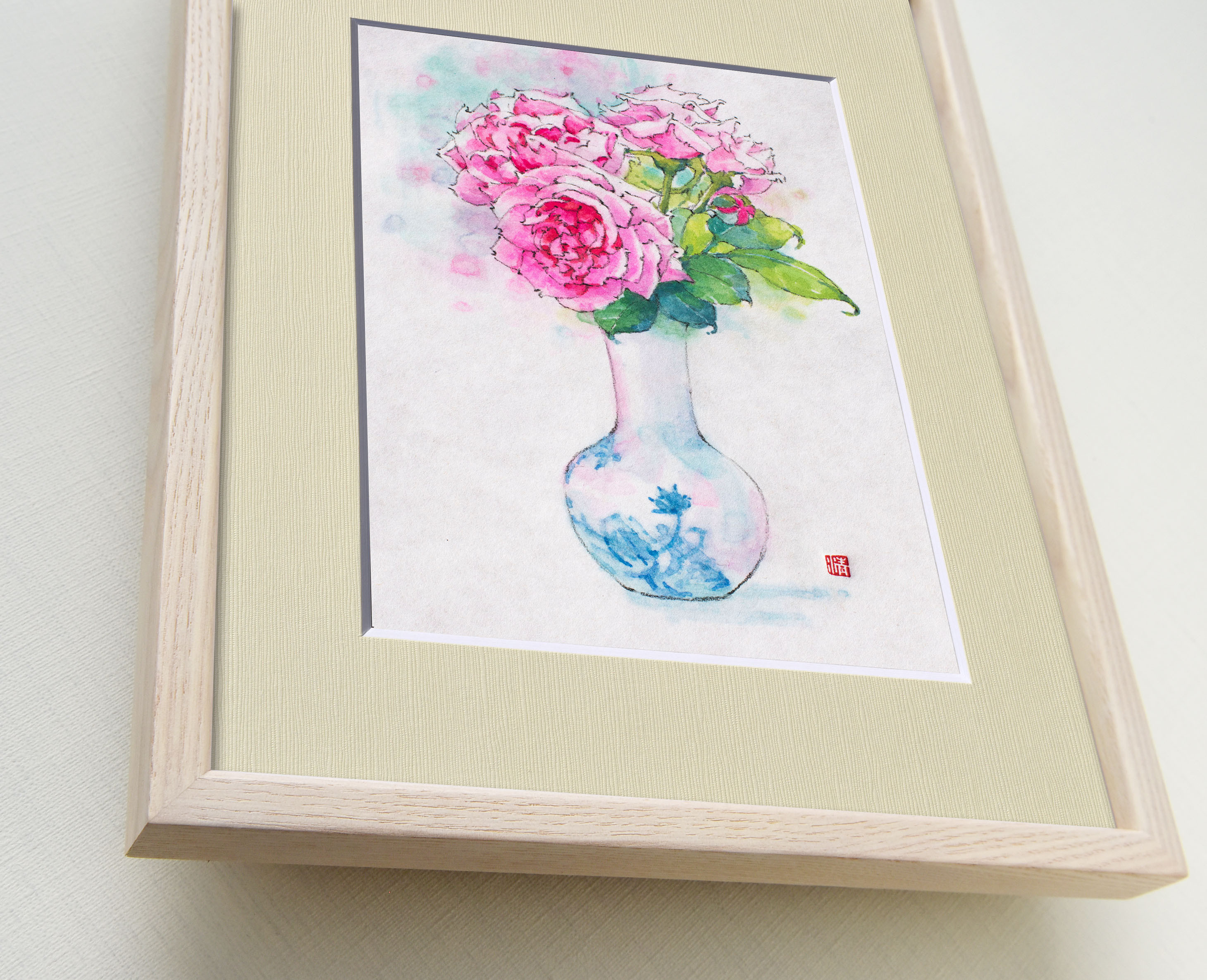 透明水彩画水彩画「コスモスの小径」額縁付F4サイズ原画