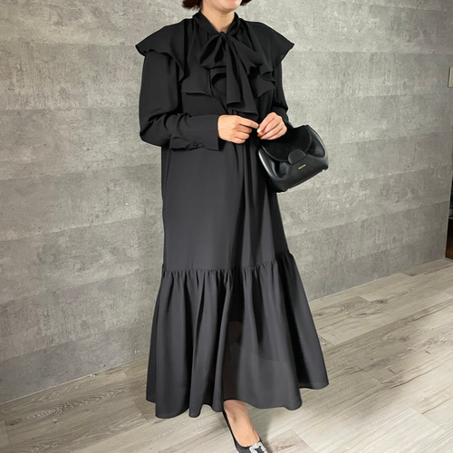 SALE【洗える】1枚で華やか 襟が外せる2wayロングワンピース 黒