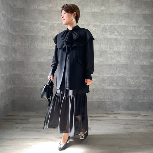 小柄S【洗える】1枚で華やか 襟が外せる2wayロングワンピース 黒
