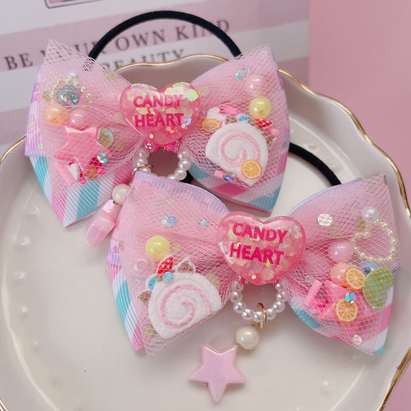 ロールケーキ♡ ゆめかわ チュールリボン ツイン ハンドメイド リボン