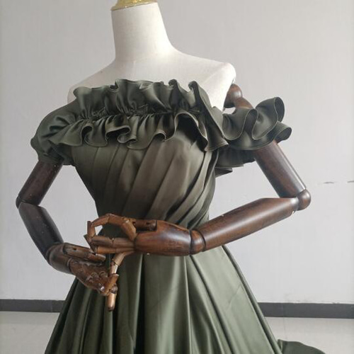 高品質！ カーキ色 カラードレス オフショルダー 背中見せ トレーン  