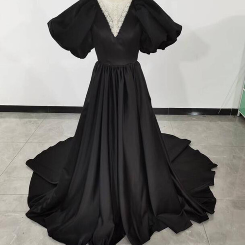 【着用画像あり】ドレスプロダクション　黒　パフスリーブドレス　ウエディング パフスリーブ ブラック ウエディングドレス 二次会 前撮り