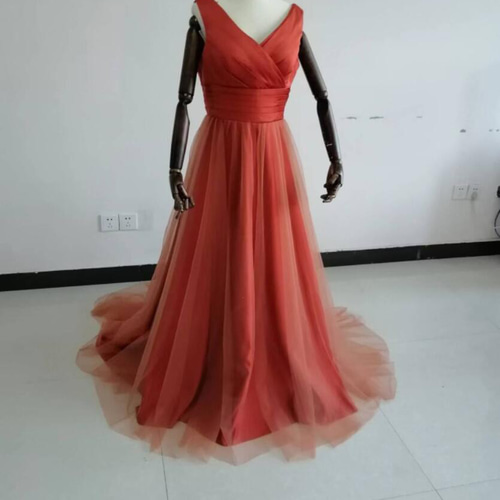 高品質！パーティードレス テラコッタ色 Vネック 背中見せ 花嫁 細見え  