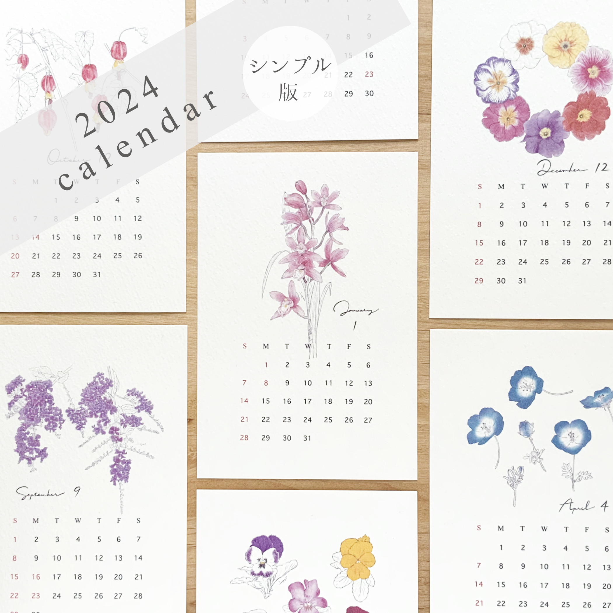 2024 フラワーカレンダー 12ヶ月の花 シンプル版 はがきサイズ【C