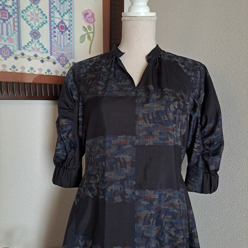 ★着物リメイク/大島紬/スタンドカラー/ノースリーブ/ワンピース/7マルキ★ ☆着物リメイク/大島紬/スタンドカラー/ノースリーブ/ワンピース